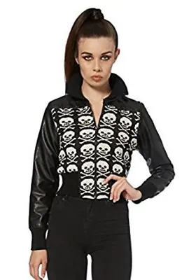 Buy Ladies Black & White Knitted Skulls Zip Up Faux Leather Jacket Goth Punk Emo • 35.19£