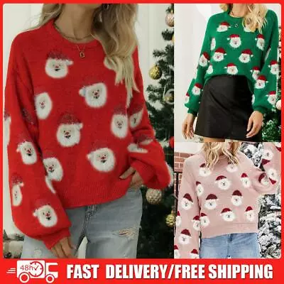 Buy Women Knitted Jumper Print Santa Claus Xmas Sweater Simple Leisure Sweater Shirt • 19.64£
