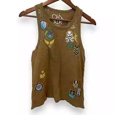 Buy Chaser Distressed Embellished Skull Stars Sz XS Military Graphic Tank Army Brown • 32.66£