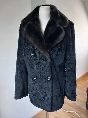 Buy Black Faux Fur Astrakhan Jacket Mink Collar Double Breasted Vintage Fit UK 12 14 • 39.99£