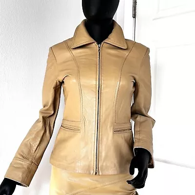 Buy 2 Pc Set Leather Jacket Skirt Beige Zip Size 4 • 55.17£