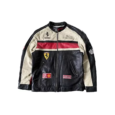 Buy Ferrari Leather Racing Jacket,Genuine Cowhide Cream & Black Leather Jacket Men's • 53.99£