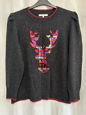 Buy -210 Next Sz 22 Black&White Speckled Knit Colourful Sequin Stag Xmas Jumper • 28£