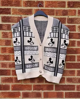 Buy Mickey Mouse Grey Cardigan Jacket Check Stripe Disney Sleeveless Vest Knit L • 35£