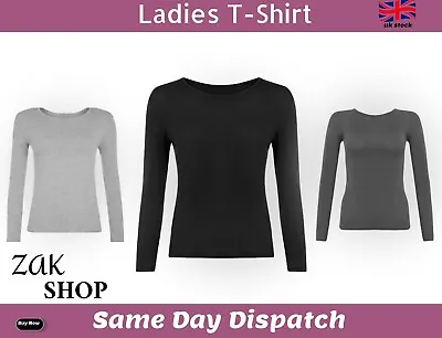 Buy Womens Long Sleeve Round Neck Plain Basic Ladies Stretch T-Shirt Top UK 6-26 • 4.99£