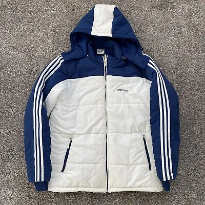 Buy Vintage Mens Adidas Blue & White Spellout Padded Puffer Jacket - Size Medium • 50£