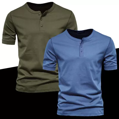 Buy Mens Henley Grandad T Shirts Button Short Sleeve Casual Loose Summer Beach Tops❤ • 15.59£