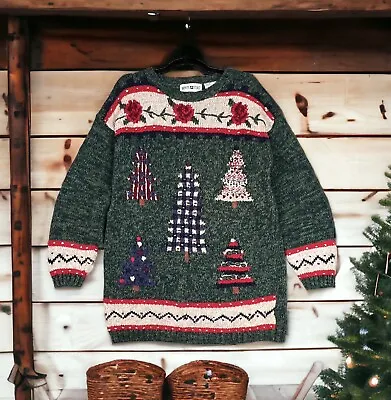 Buy VTG Womens Size L Green Knit Sweater Pullover Christmas Granny Folk Art Cottage • 28.81£