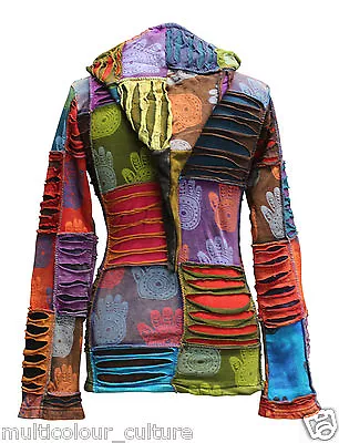 Buy Women Multicoloured Henna Hand Hoodie Pixie Hooded Boho Hippie Jacket Goth Top • 29.99£