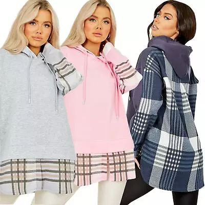 Buy Ladies Hooded Shacket Check Print Colour Block Zip Up Shirt Jacket Oversize Coat • 16.99£