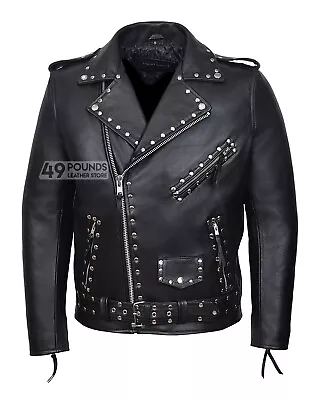 Buy Men's Studded BRANDO Jacket Classic Biker Style 100% REAL LEATHER MBF • 44.10£