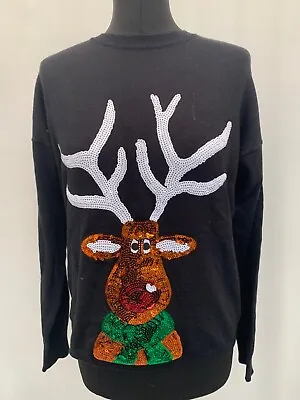Buy Christmas Jumper New Look Size S Uk 10 Sequin Reindeer Black Knit Womens • 9.67£