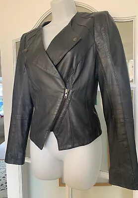Buy Uk8 Mint Velvet Leather Biker Jacket Pewter Grey Vintage Pre Worn Soft Fitted • 25£