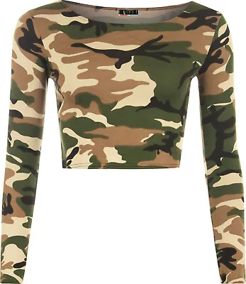 Buy Womens Long Sleeve Crop Top Scoop Neck Short T Shirt Ladies Plain Printed Top • 6.99£