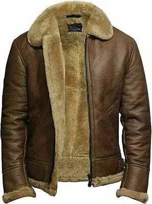 Buy Mens Pilot RAF B3 Aviator Winter Fur Coat Brown Leather Sheepskin Bomber Jacket • 38.99£