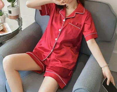 Buy Ladies Satin Silk Pyjamas Nightwear PJs Set Women Short Sleeve Button Sleepwear • 8.19£