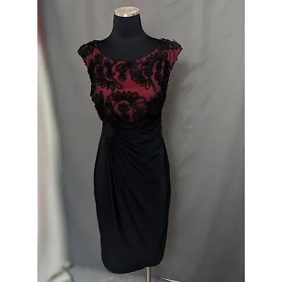 Buy Vtg CONNECTED APPAREL Black Red Ruched Mesh Floral Dress Size 8 Preppy Goth • 22.20£