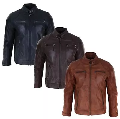 Buy Mens Biker Zip Jacket Real Leather Casual Light Short Classic Retro Motorcycle • 115.49£