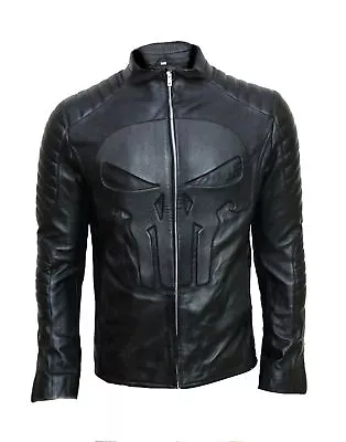 Buy Mens Punisher Skull Logo Costume Embossed Emblem Vintage Black Leather Jacket • 80£