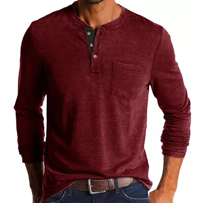 Buy Mens Plain Long Sleeve T Shirt Tops Casual Baggy Button Pullover Henley Shirts • 17.99£