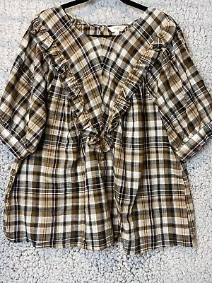 Buy Terra & Sky Brown Plaid Ruffed Short Tapered Sleeve Blouse Women's Size 1XL • 14.18£