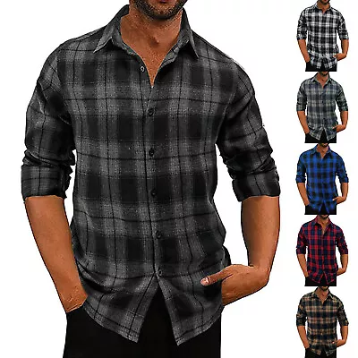 Buy Mens Button Down T-Shirt Flannel Plaid Slim Fit Long Sleeve Spread Collar Tops • 16.06£