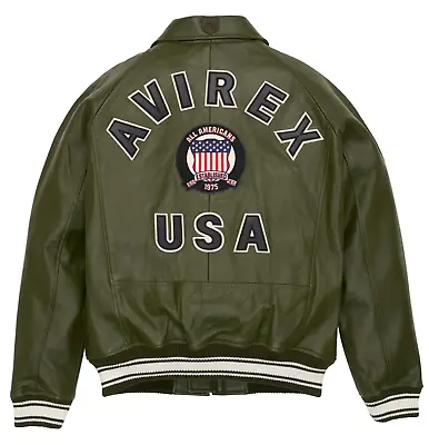 Buy Men Avirex Real Leather Jacket Olive Green Flight Bomber American Jacket Varsity • 109.99£