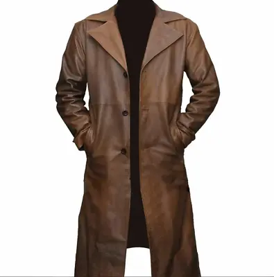 Buy Men's Leather Trench Coat Handmade Cow Plain Leather Trench Coat Gothic Coat • 122£