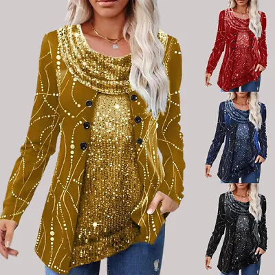 Buy Womens Sequin Shiny T Shirt Tops Double Layer Evening Party Long Sleeve Blouse • 20.49£