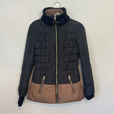 Buy River Island Padded Jacket 6 Black Tan Zip Up Fitted Casual Quilted Puffer Coat • 29.95£