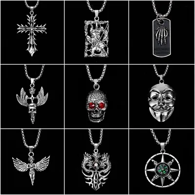 Buy Gothic Men Punk Skull Cross Pendant Zircon Necklace Stainless Steel Jewelry Gift • 4.25£