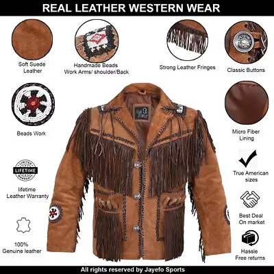 Buy Men's Traditional Cowboy Western Leather Jacket Coat With Fringe Bone And Beads • 200£