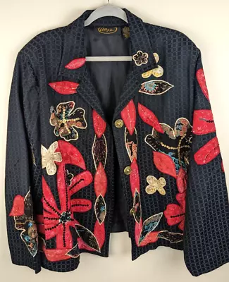 Buy Alex Kim Black Embroidered Sequin Floral Granny Jacket Women's Plus 3X • 25.51£