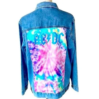 Buy AC/DC Tie Dye Jean Jacket Back Patch Light Wash Cotton Medium Blue New With Tags • 37.93£