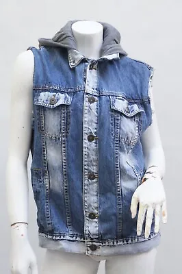 Buy Long Jean Vest With Hoodie/Distressed Denim Jacket • 37.79£