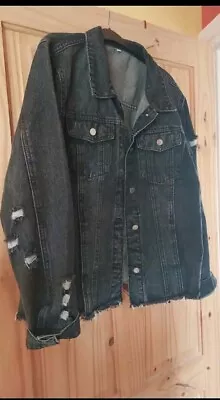 Buy Black Denim Jacket Size 14 Distressed Ripped From Shein • 4.50£