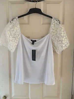 Buy New Look Daisy  Organza Top White Ribbed Sheer Puff Sleeves UK 18 ~ Bnwt • 5.99£