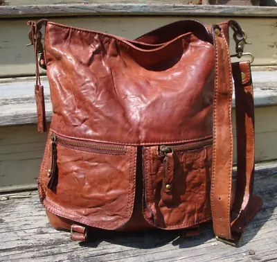 Buy TANO Vintage Distressed Brown Leather Crossbody Handbag Shoulderbag Boho Hippie • 37.79£