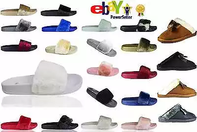 Buy Womens Slip On Flat Farrah Rubber Slider Mules Fur Slipper Rihanna Sandals Shoe • 9.99£