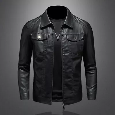 Buy Men's Pu Leather Jacket Zip Up Slim Stand Biker Motorcycle Jacket Coat Outwear • 39.22£