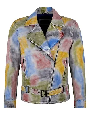 Buy Mens Brando Biker Real Leather Jacket Multicolored Tie-dye Waxed Slim Fit Jacket • 349.99£