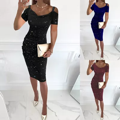 Buy Womens Sexy Cold Shoulder Bodycon Ladies Evening Cocktail Party Mini Dress Size • 3.09£
