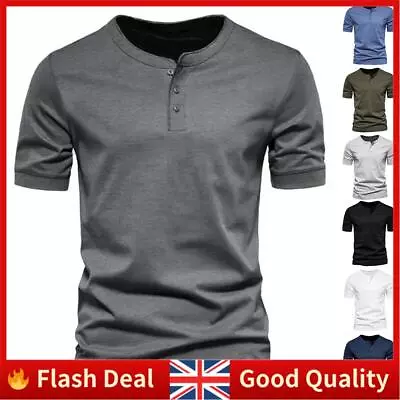 Buy Mens Henley T-shirt Plain Short Sleeve Grandad Neck Tops Casual Summer Blouse • 10.99£