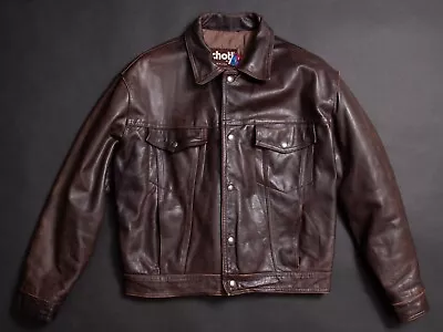 Buy Vintage Schott Brown Leather Trucker Jacket Men's Large 44 Made In USA • 695£