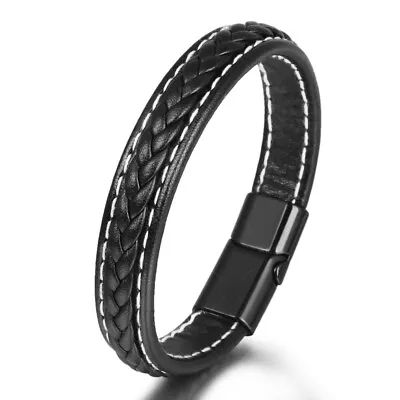 Buy Mens Leather Braided Bracelet Wristband Stainless Steel Clasp Jewellery Gifts W • 2.89£