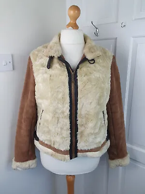 Buy INIDGO COLLECTION Brown Cream 100% Leather Faux Fur Jacket Size L • 5£
