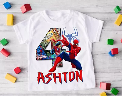 Buy Spiderman Custom Birthday T Shirt Kids Size 4 White Short Sleeve • 14.17£
