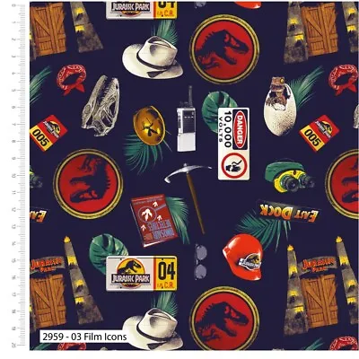 Buy 100% Cotton Fabric Jurassic Park Dinosaur Dino Film Icons Badges • 8£