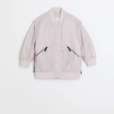 Buy River Island Girls Bomber Jacket Pink Nylon Baseball Collar Outerwear Top • 10.50£