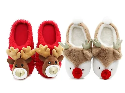 Buy Womens Reindeer Novelty Slippers Character Plush Festive Fun Christmas Slippers • 12.59£